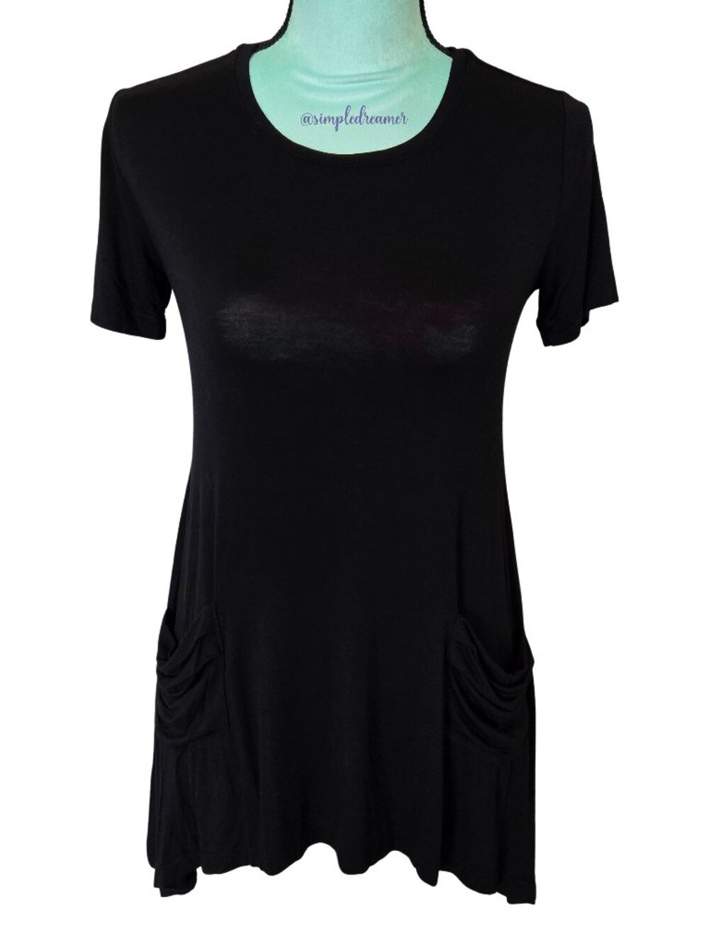LOGO by Lori Goldstein Black Knit Tunic Top XXS Drape Pockets Short Sleeve Rayon